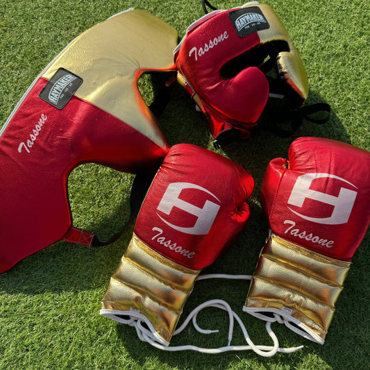 METALLIC RED & GOLD | BOXING GLOVES & SPARRING SET 100% LEATHER