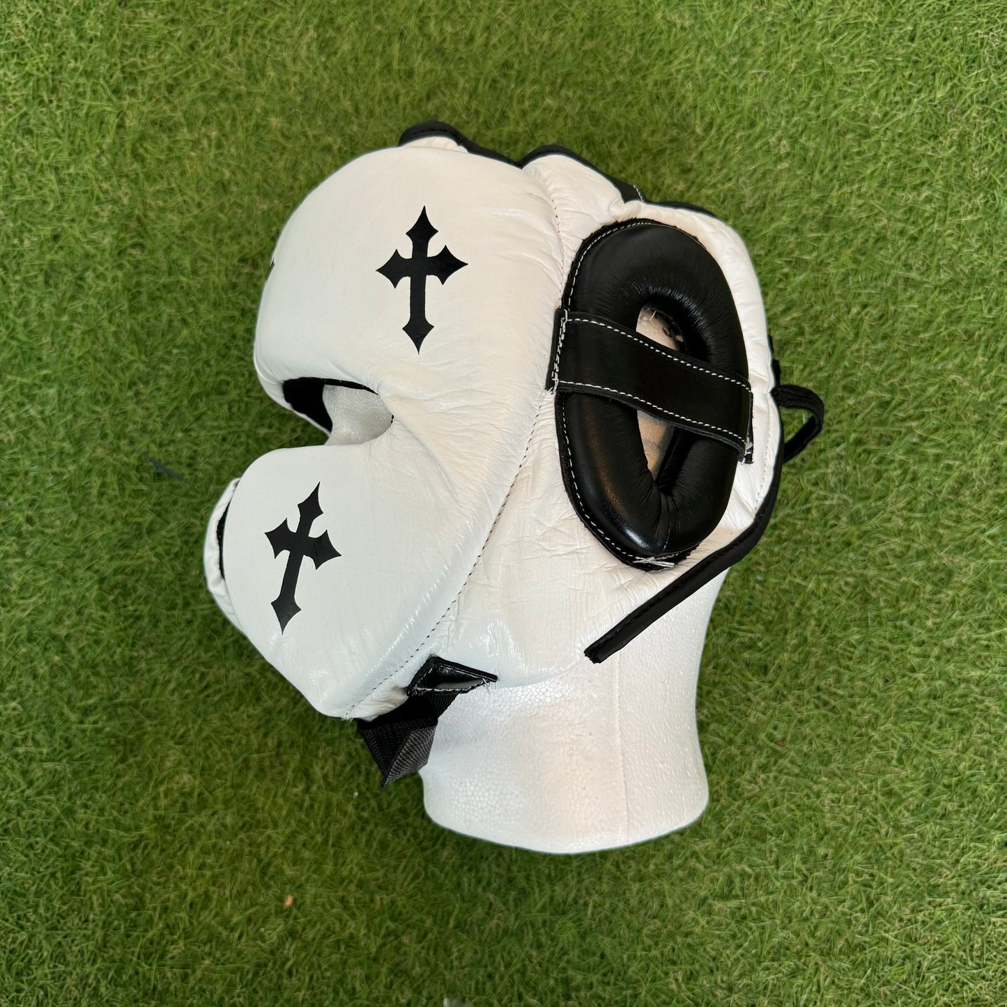 HM CRUCIFIX WHITE & BLACK BOXING HEADGEAR | 100% LEATHER