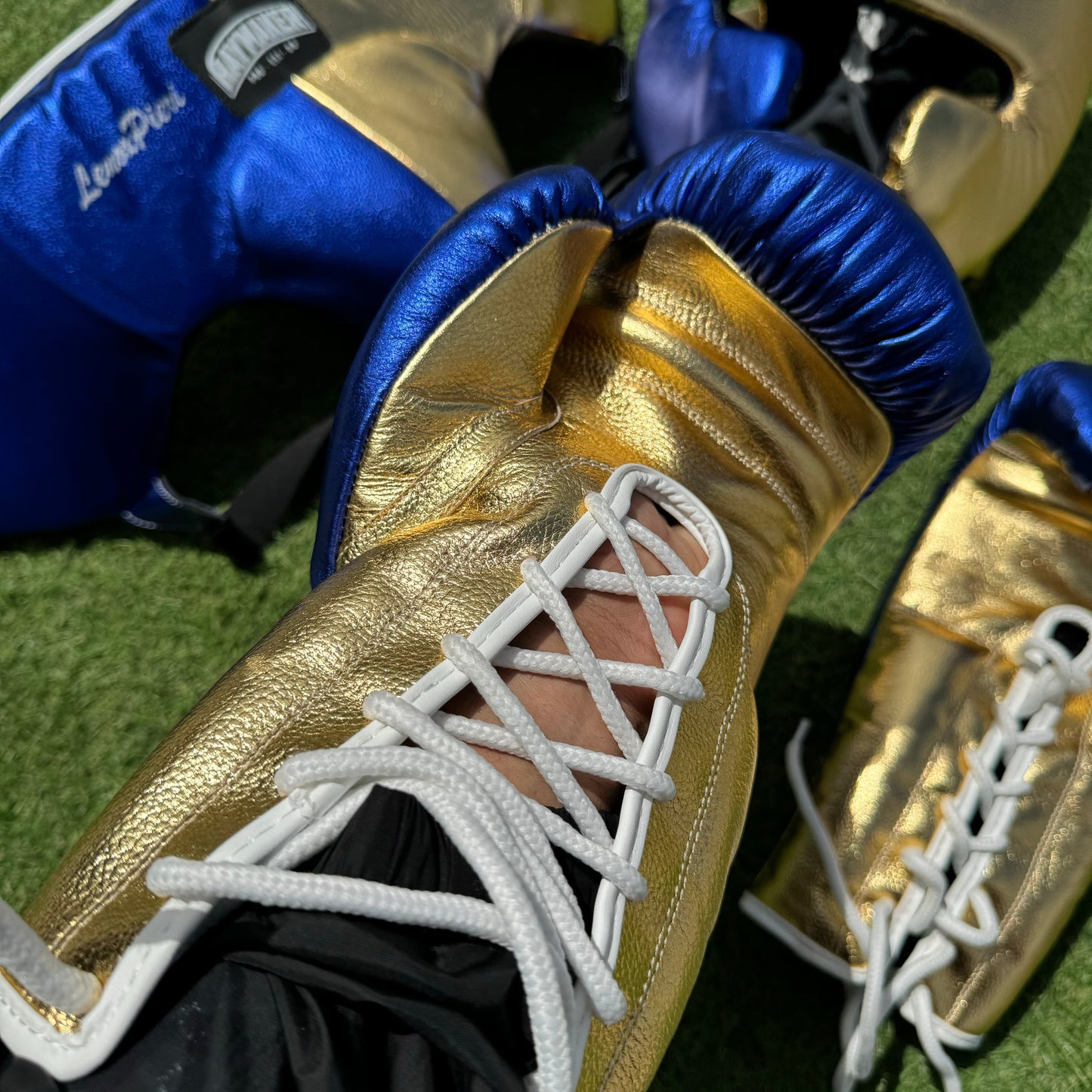 METALLIC BLUE & GOLD | BOXING GLOVES & SPARRING SET | 100% LEATHER
