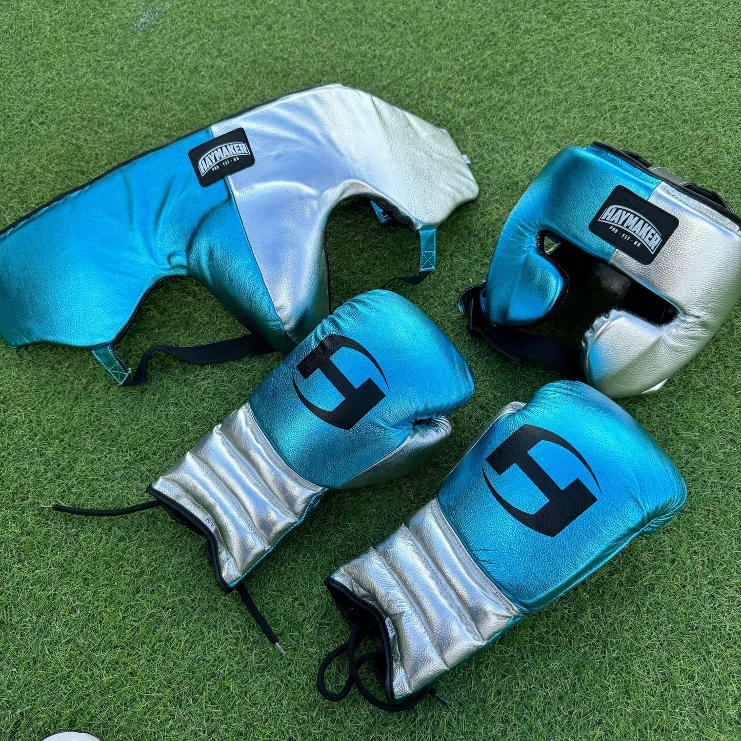 METALLIC SILVER & TEAL | BOXING GLOVES & SPARRING SET 100% LEATHER
