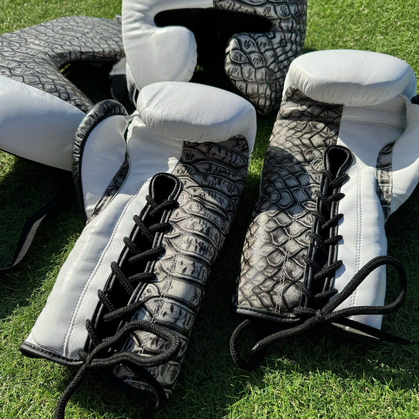 WHITE W/ CROCK PRINT | SPARRING SET | 100% LEATHER