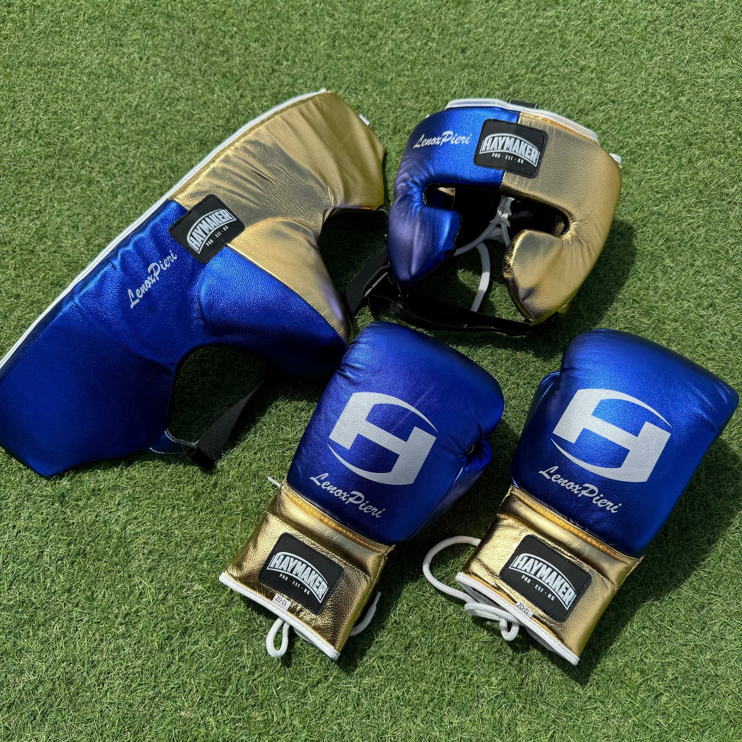 METALLIC BLUE & GOLD | BOXING GLOVES & SPARRING SET | 100% LEATHER