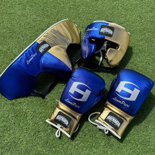 METALLIC BLUE & GOLD | BOXING GLOVES & SPARRING SET | 100% LEATHER