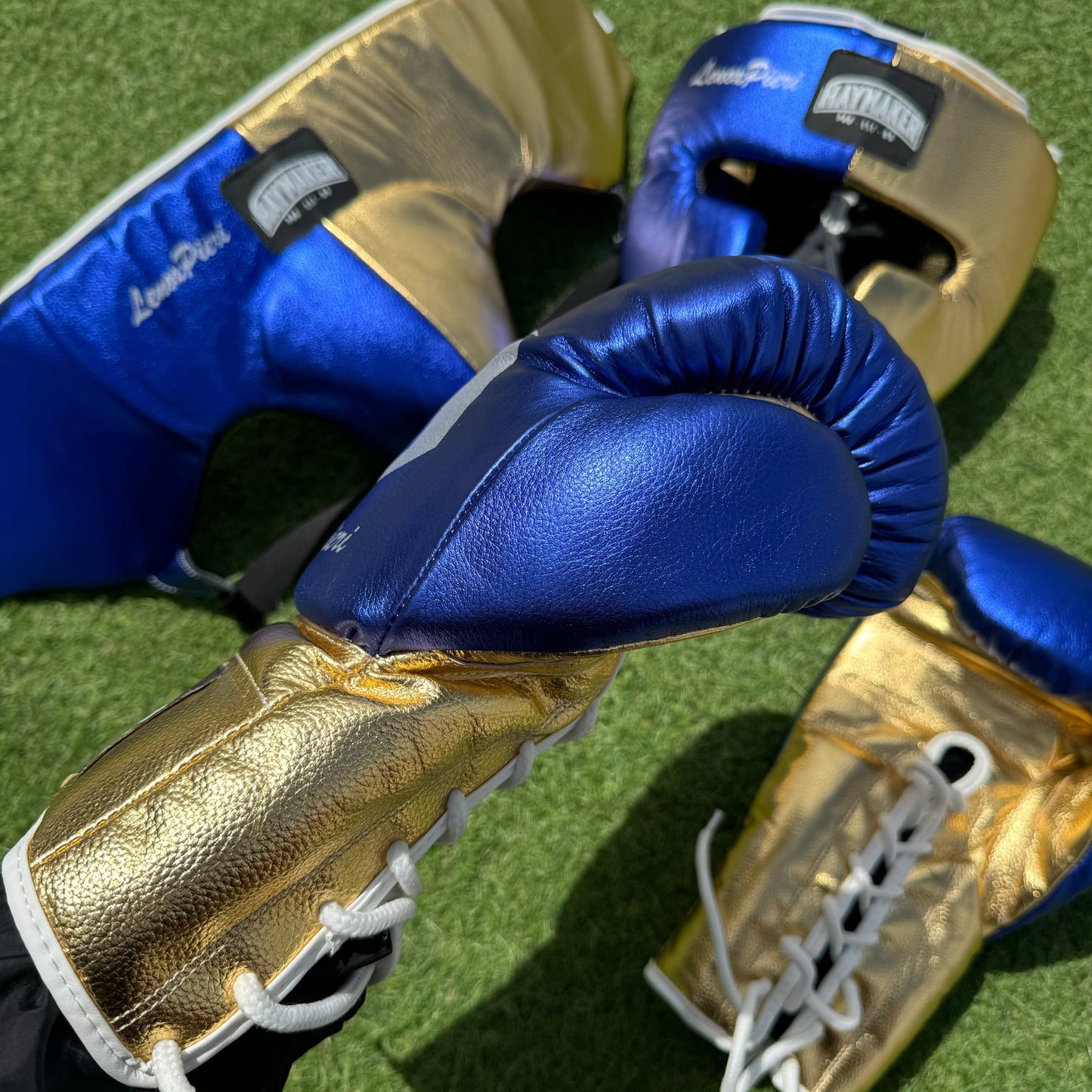 METALLIC BLUE & GOLD | BOXING GLOVES & SPARRING SET | 100% LEATHER