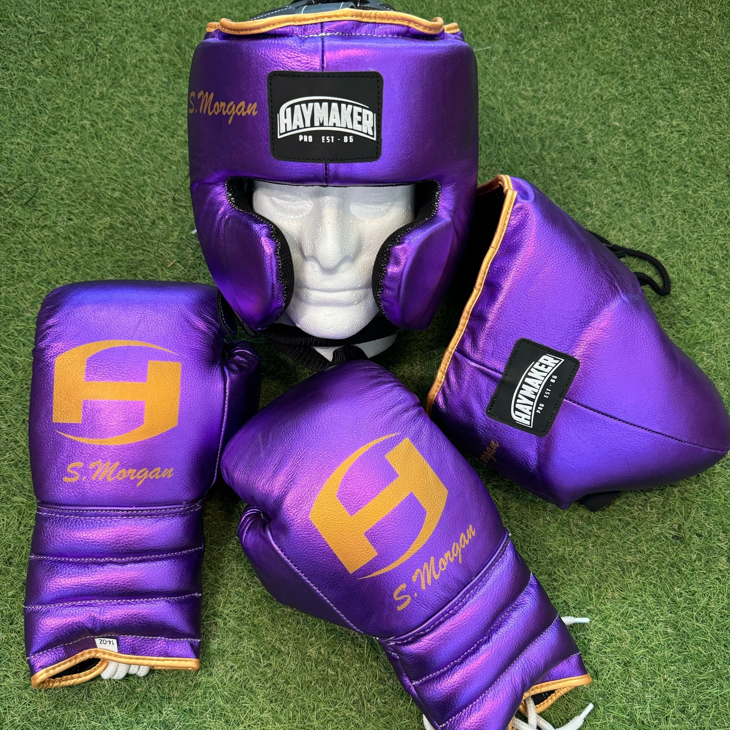 METALLIC PURPLE & GOLD TRIM | BOXING GLOVES & SPARRING SET | 100% LEATHER