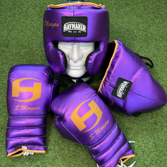METALLIC PURPLE & GOLD TRIM | BOXING GLOVES & SPARRING SET | 100% LEATHER