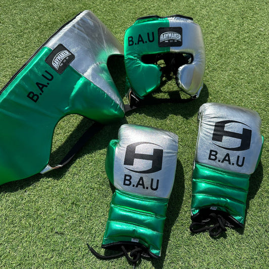 METALLIC GREEN & SILVER | BOXING GLOVES & SPARRING SET | 100% LEATHER