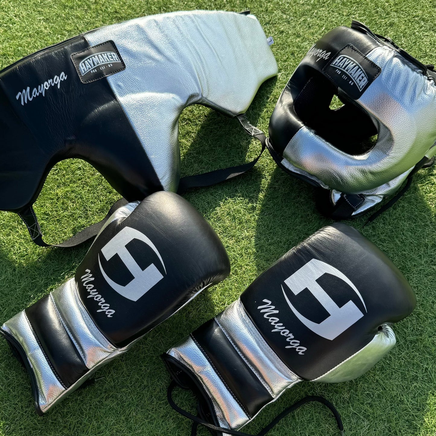 BLACK & METALLIC SILVER | BOXING GLOVES & SPARRING SET | 100% LEATHER