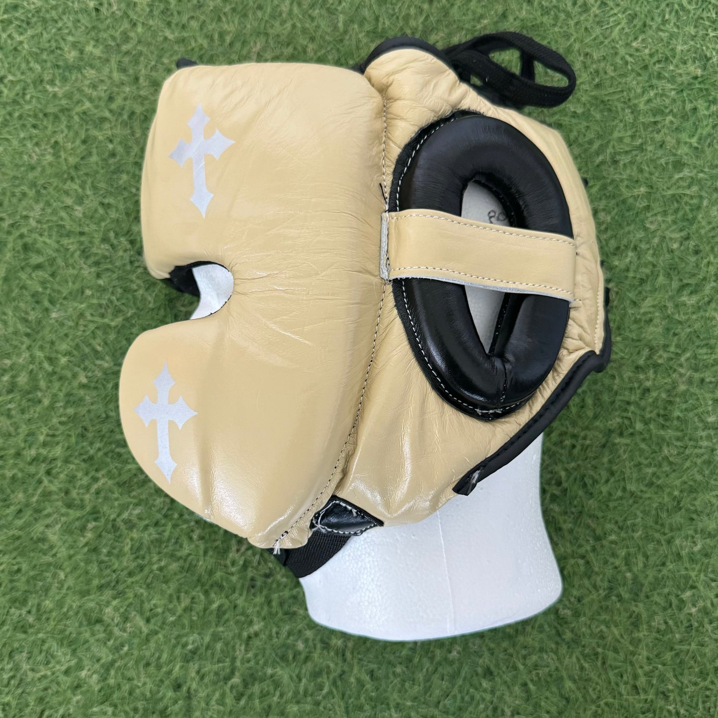 HM CRUCIFIX CREAM & BLACK BOXING HEADGEAR | 100% LEATHER