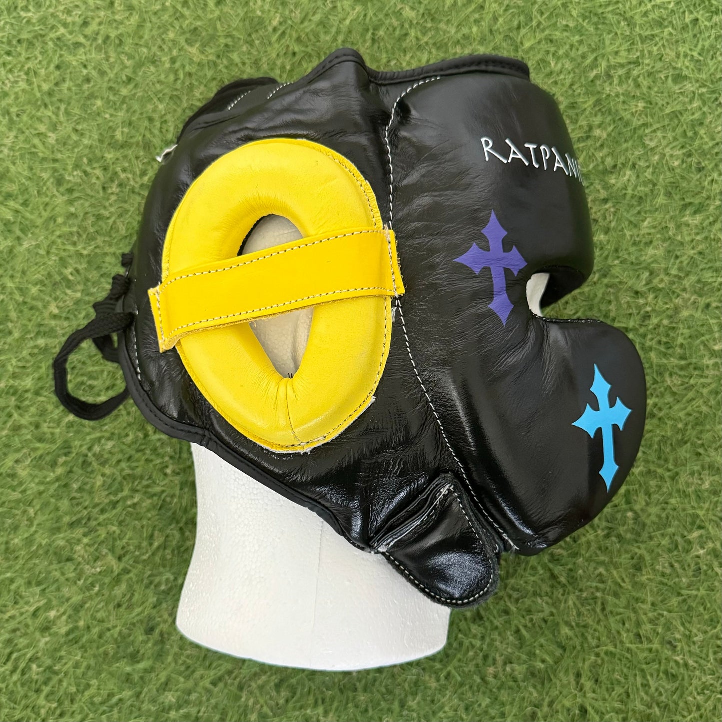 HM CRUCIFIX BLACK MULTI COLOR BOXING HEADGEAR | 100% LEATHER