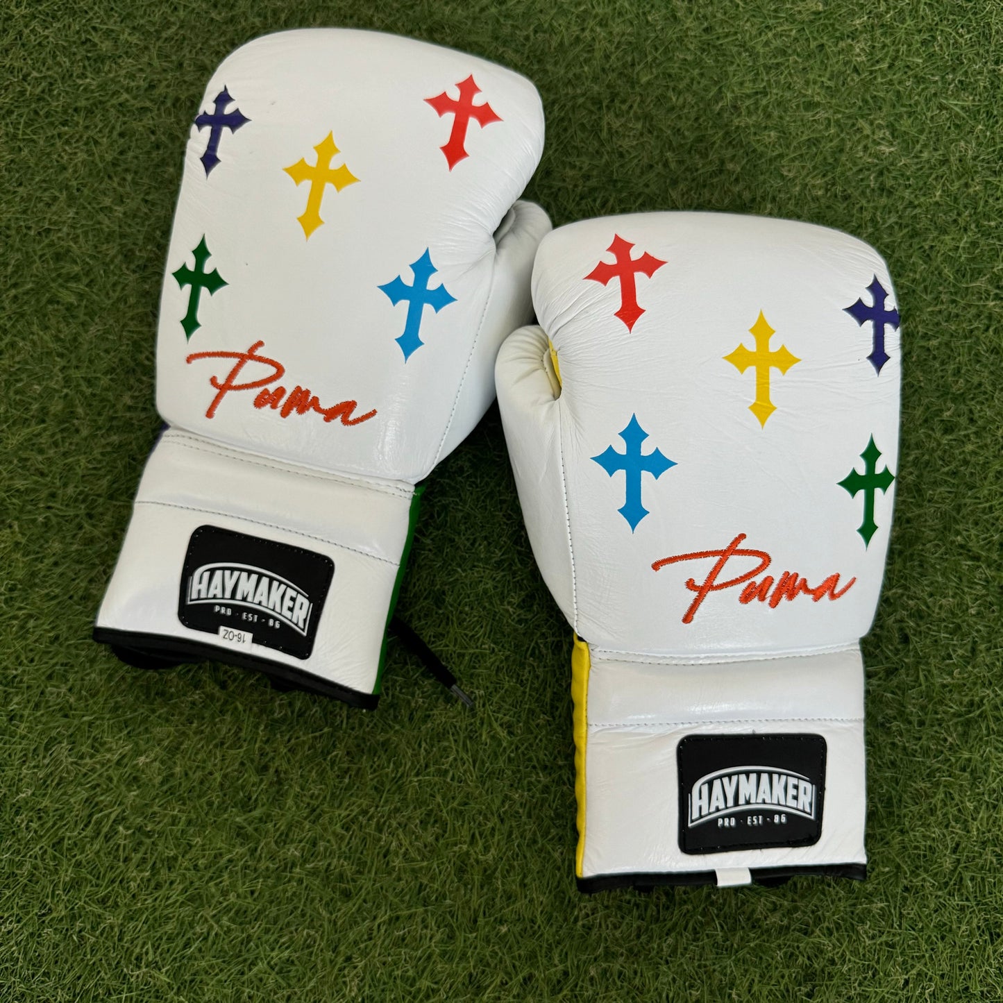 HM CRUCIFIX WHITE MULTI COLOR | PRO ELITE GLOVES 100% LEATHER