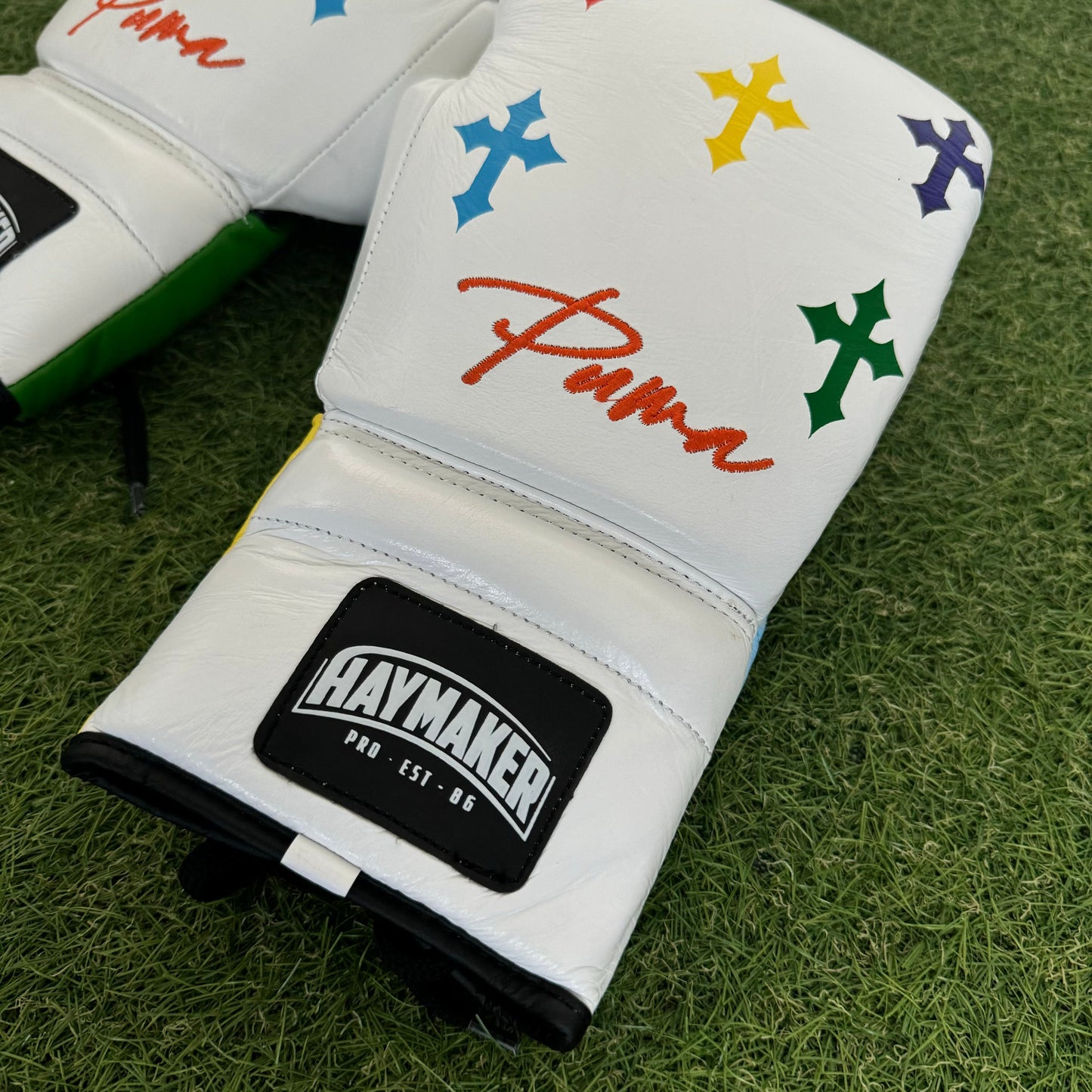 HM CRUCIFIX WHITE MULTI COLOR | PRO ELITE GLOVES 100% LEATHER