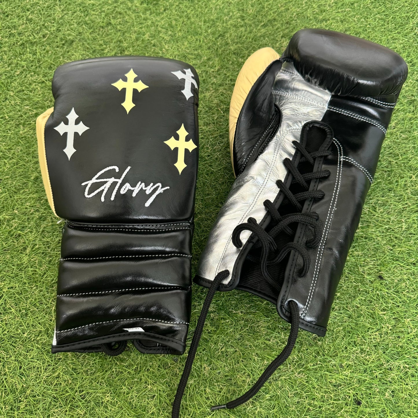 HM CRUCIFIX CREAM, BLACK & SILVER | PRO ELITE GLOVES 100% LEATHER