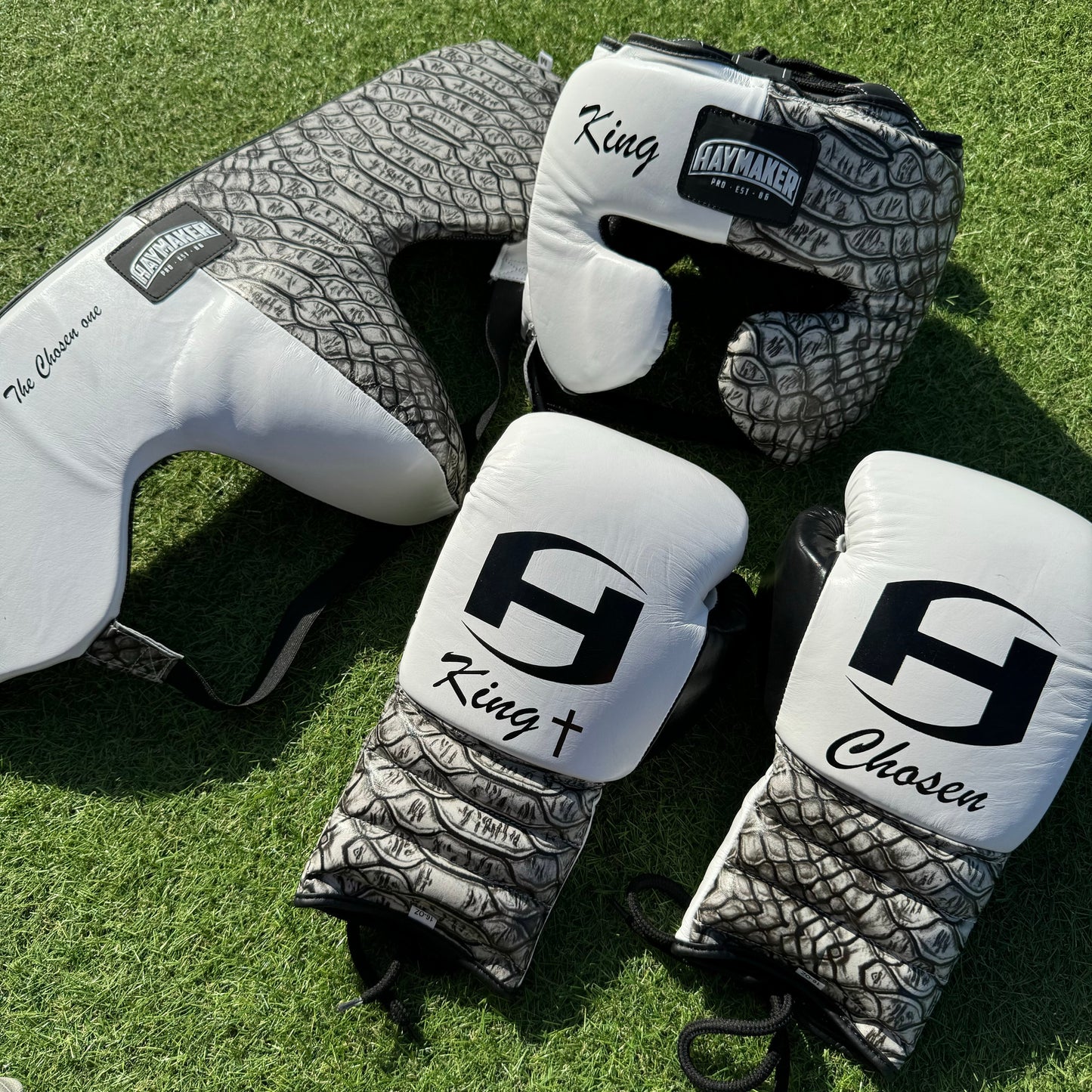 WHITE W/ CROCK PRINT | SPARRING SET | 100% LEATHER