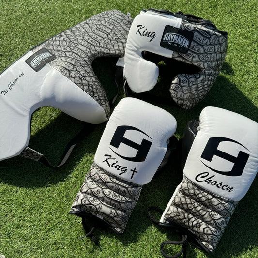 WHITE W/ CROCK PRINT | SPARRING SET | 100% LEATHER