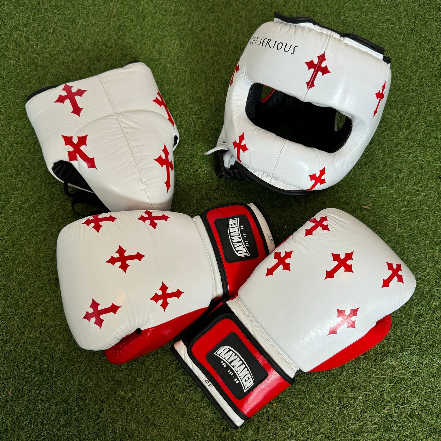 RED & WHITE | CRUCIFIX | BOXING GLOVES & SPARRING SET | 100% LEATHER