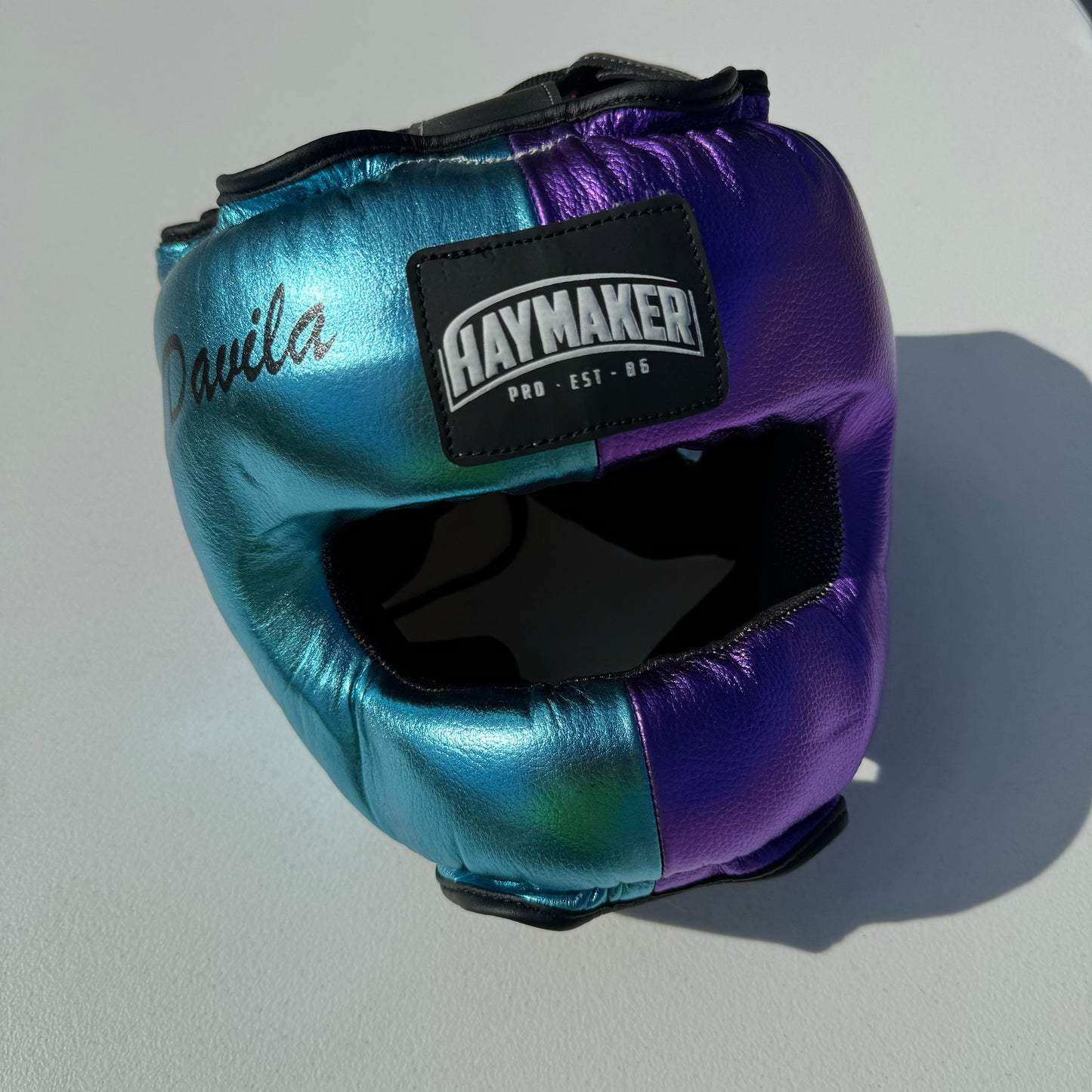 TEAL METALLIC PURPLE BOXING HEADGEAR | 100% LEATHER ( CLICK TO CHANGE STYLE )
