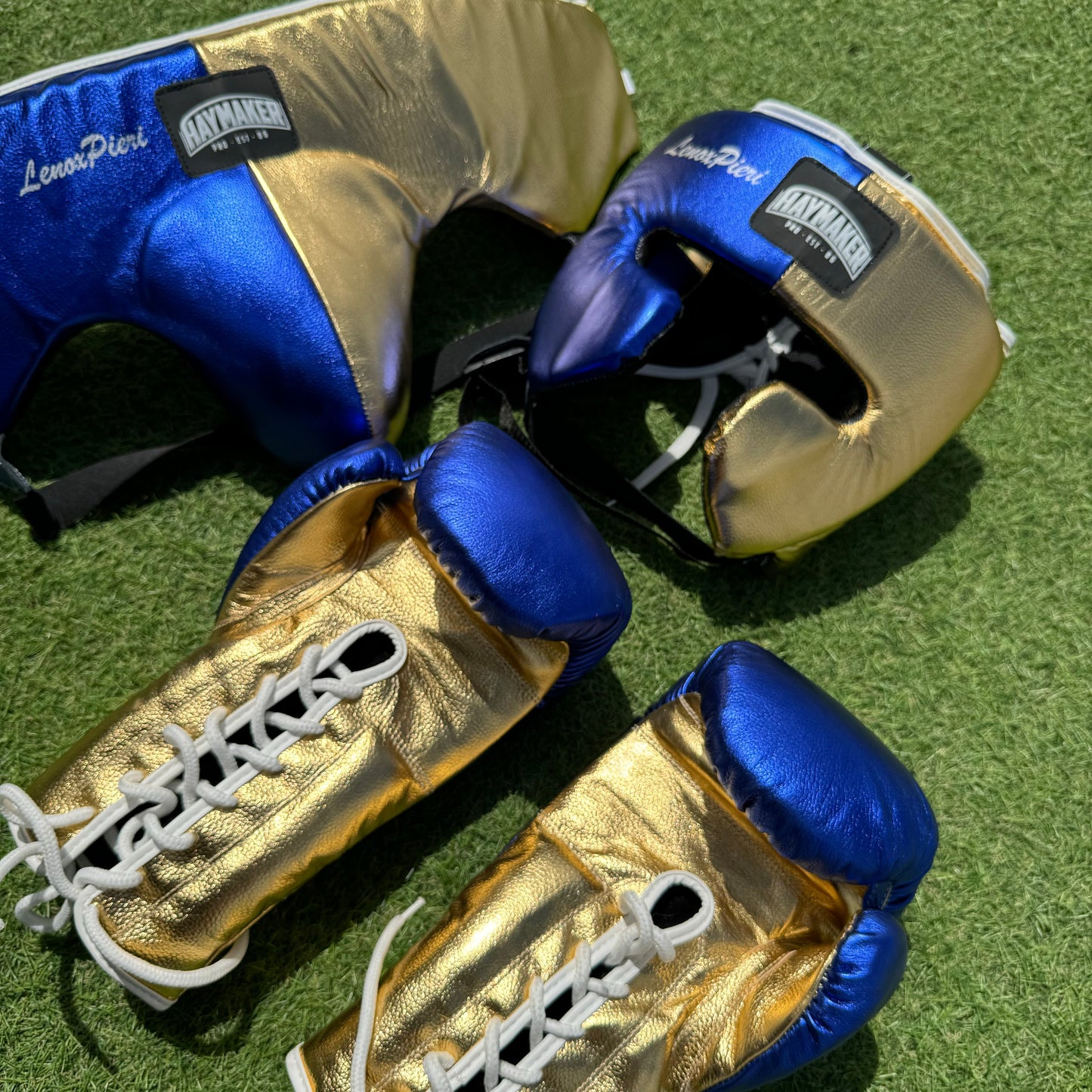 METALLIC BLUE & GOLD | BOXING GLOVES & SPARRING SET | 100% LEATHER