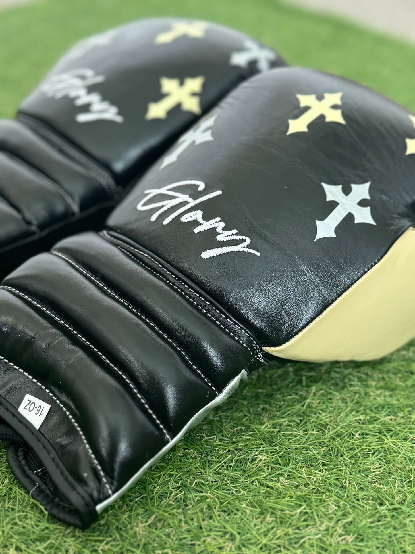 HM CRUCIFIX CREAM, BLACK & SILVER | PRO ELITE GLOVES 100% LEATHER