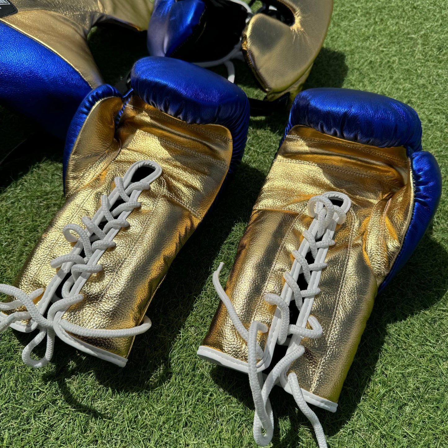 METALLIC BLUE & GOLD | BOXING GLOVES & SPARRING SET | 100% LEATHER