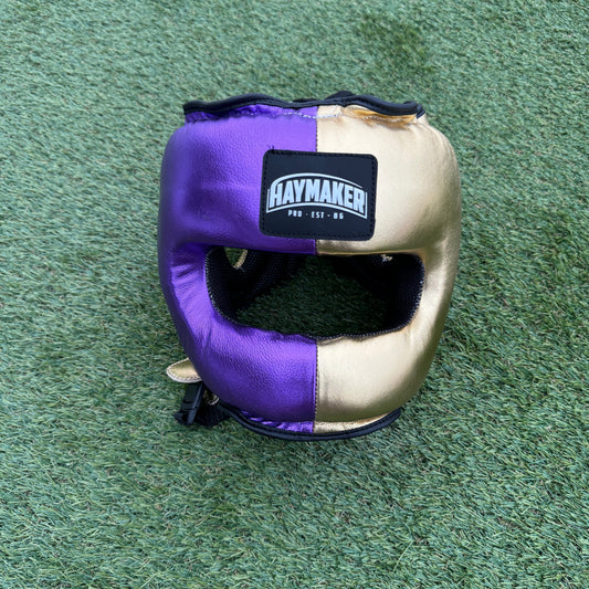 METALLIC PURPLE & GOLD | BOXING HEADGEAR | 100% LEATHER ( CLICK TO CHANGE STYLE )