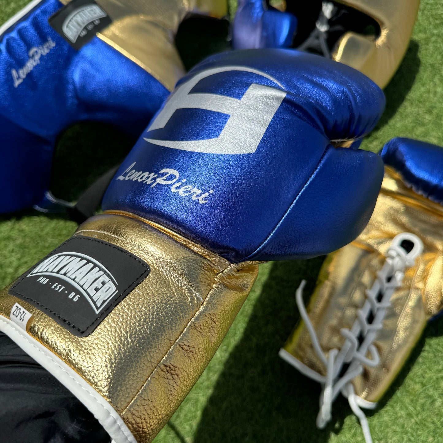 METALLIC BLUE & GOLD | BOXING GLOVES & SPARRING SET | 100% LEATHER