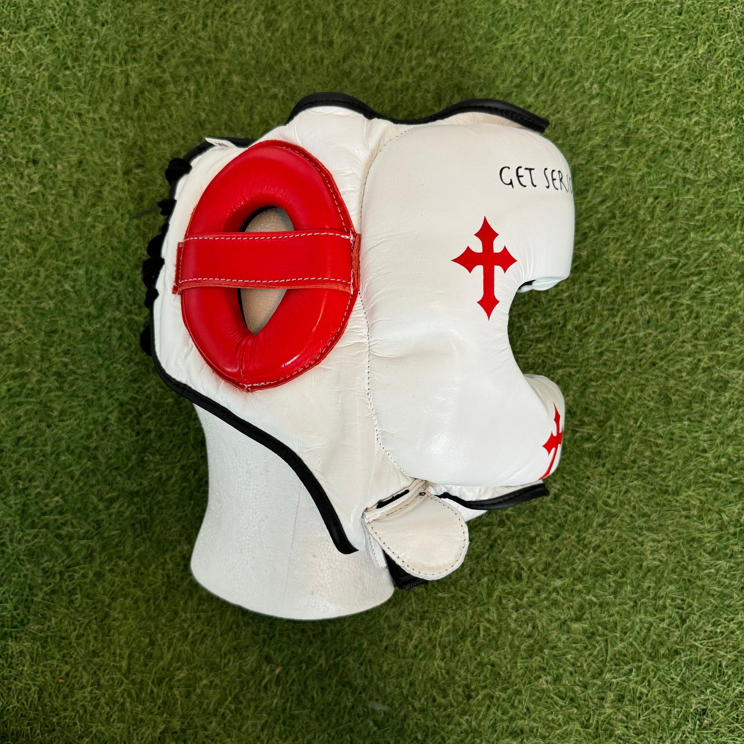 HM CRUCIFIX WHITE & RED BOXING HEADGEAR | 100% LEATHER