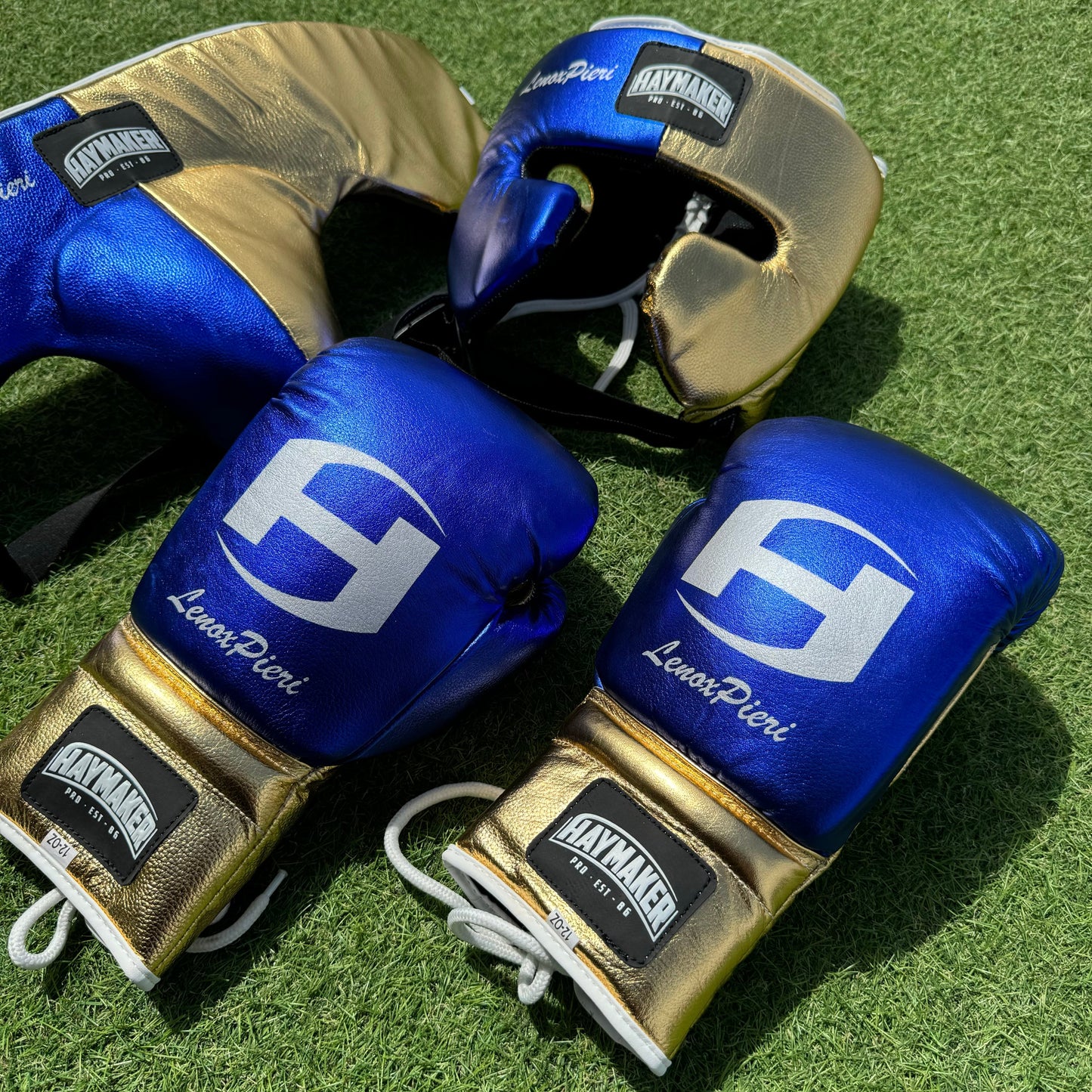 METALLIC BLUE & GOLD | BOXING GLOVES & SPARRING SET | 100% LEATHER
