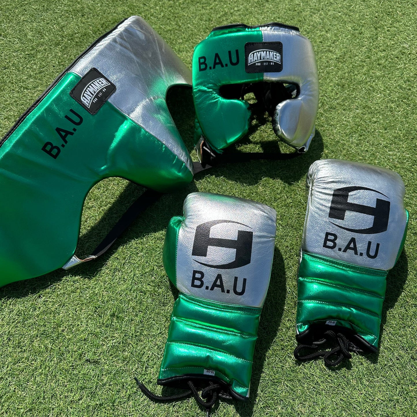 METALLIC GREEN & SILVER | BOXING GLOVES & SPARRING SET | 100% LEATHER