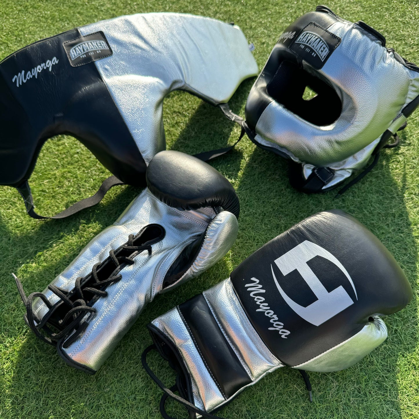 BLACK & METALLIC SILVER | BOXING GLOVES & SPARRING SET | 100% LEATHER