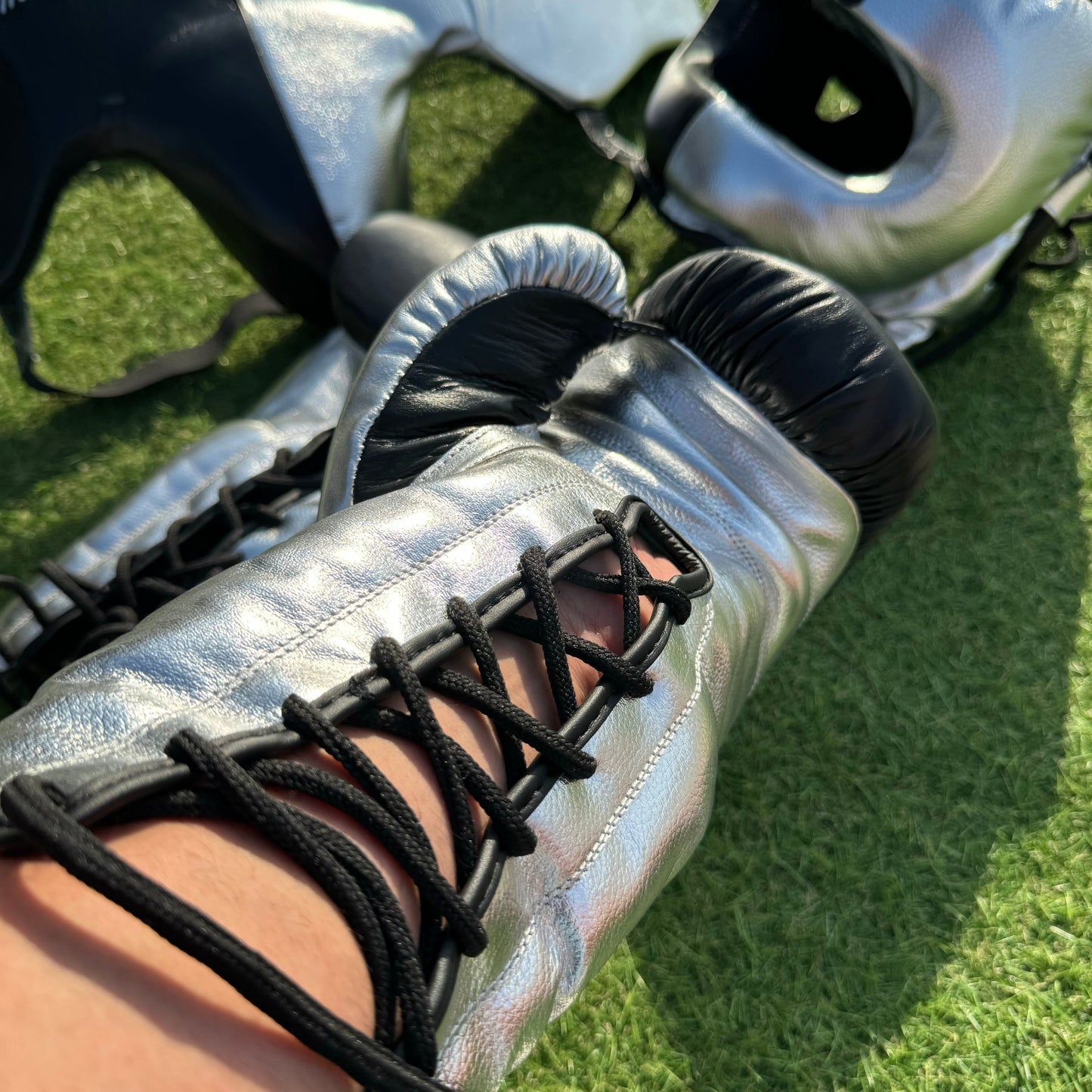 BLACK & METALLIC SILVER | BOXING GLOVES & SPARRING SET | 100% LEATHER