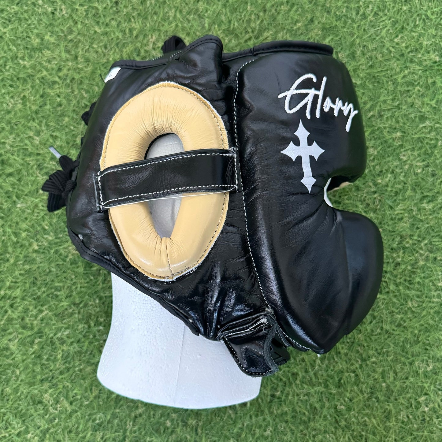 HM CRUCIFIX CREAM & BLACK BOXING HEADGEAR | 100% LEATHER
