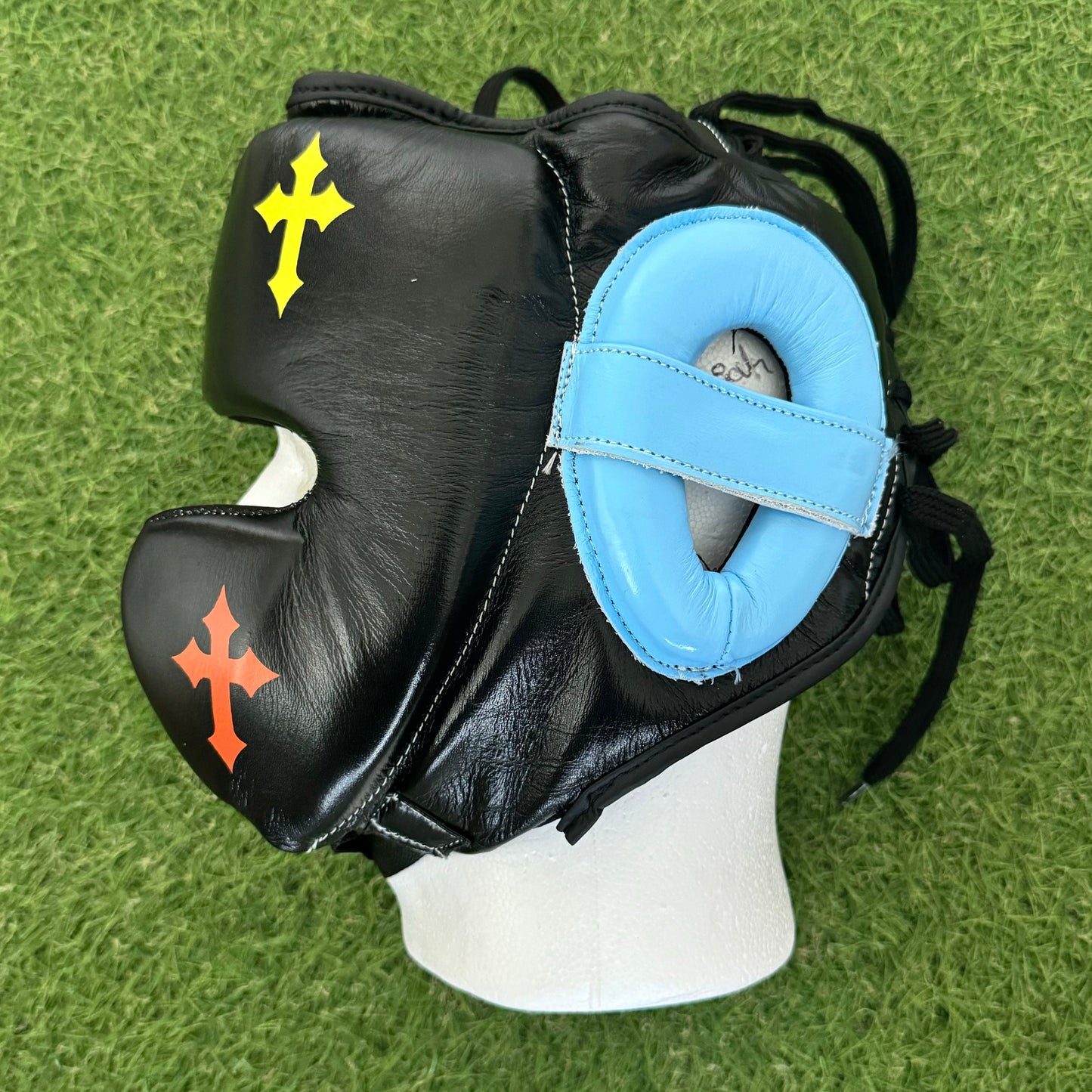 HM CRUCIFIX BLACK MULTI COLOR BOXING HEADGEAR | 100% LEATHER