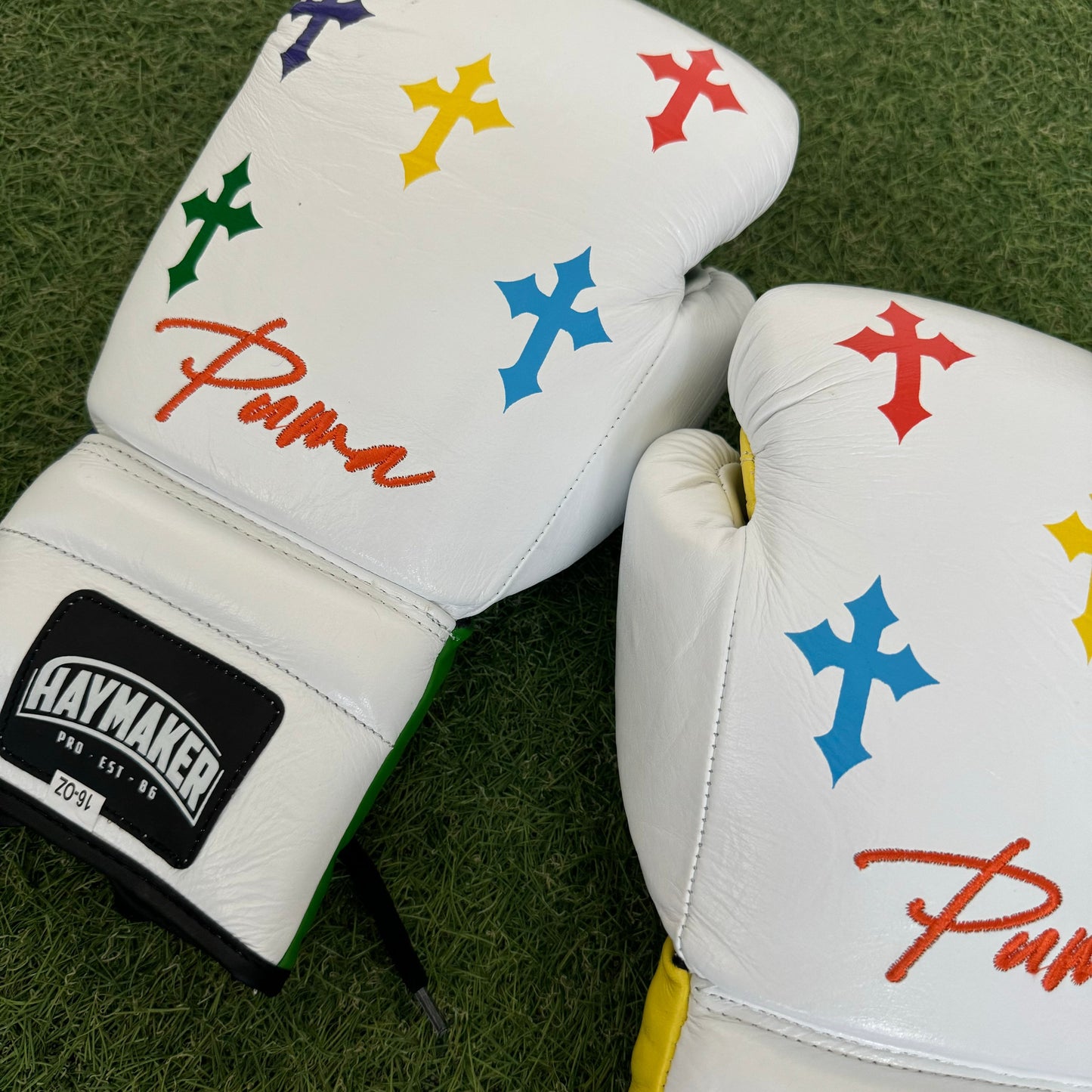 HM CRUCIFIX WHITE MULTI COLOR | PRO ELITE GLOVES 100% LEATHER